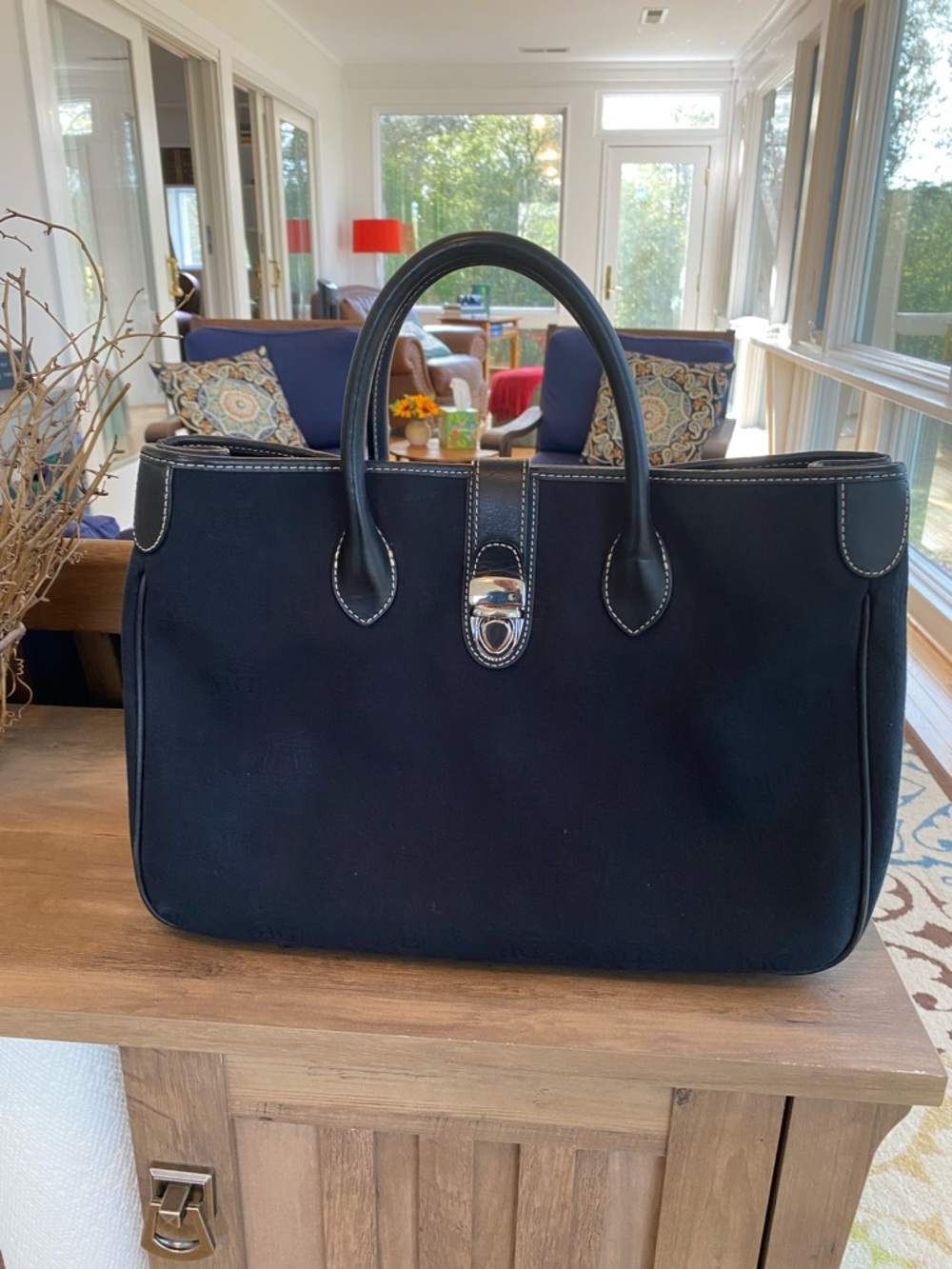 Dooney & Bourke black logo canvas double handle tote bag with crossbody strap